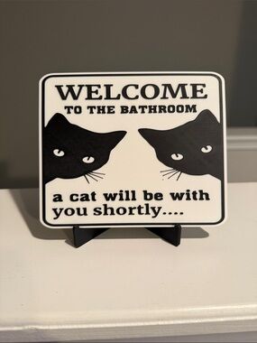 Welcome to the Bathroom Black & White Cat Sign